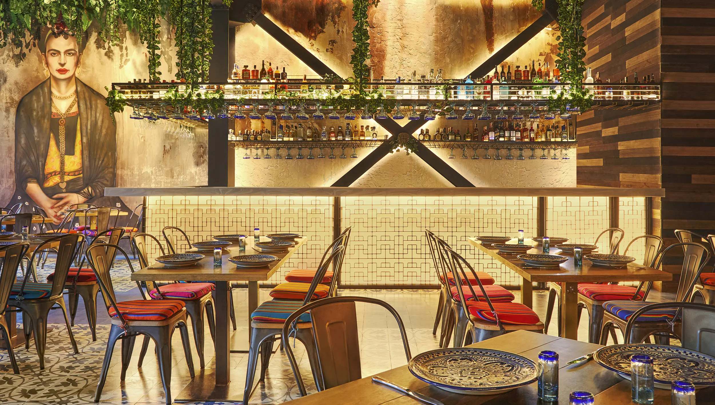 bistro dining area interior design london bar shelving frida kahlo mural