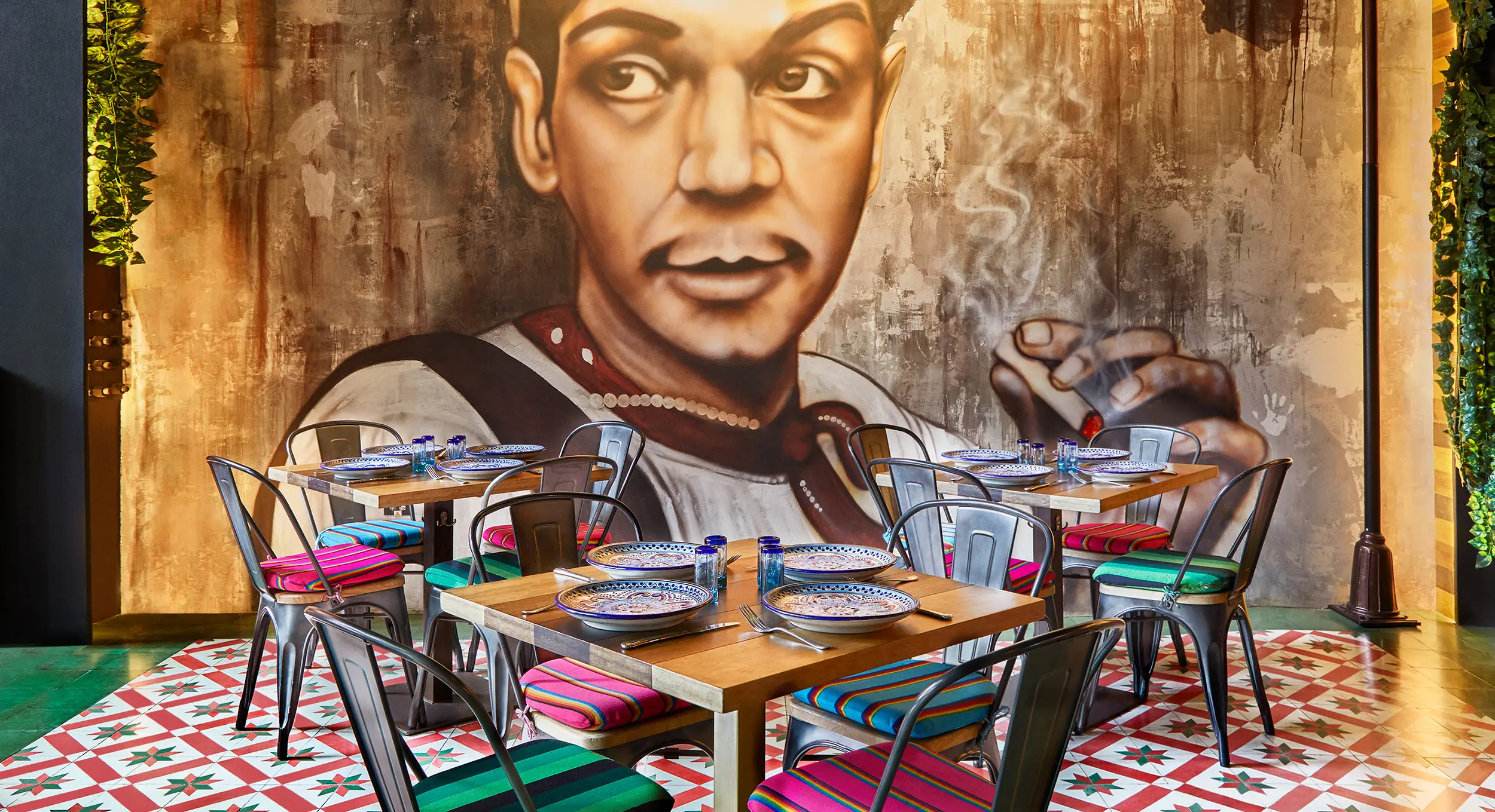 dining venue interior design london mural portrait jose cuervo sign patterned tile