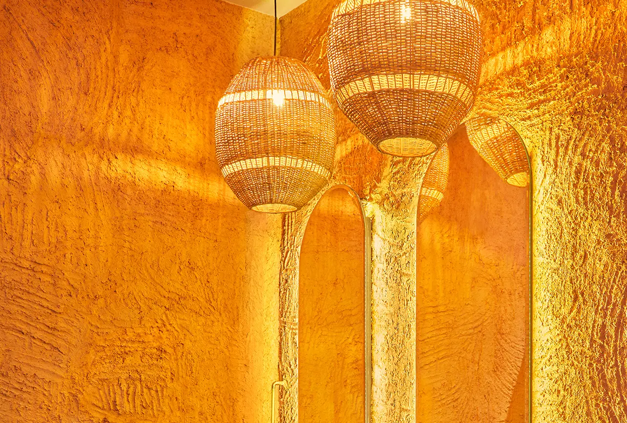 eatery restroom interior design london stone vessel sinks woven lanterns