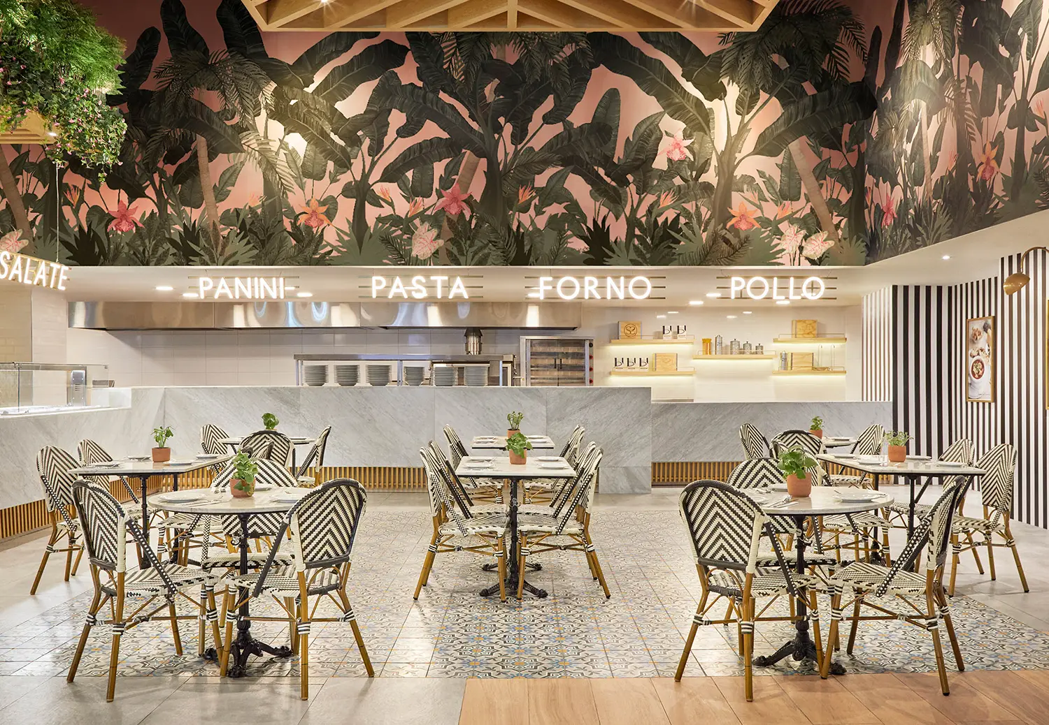 italian eatery deli counter interior design london panini pasta forno pollo tropical mural