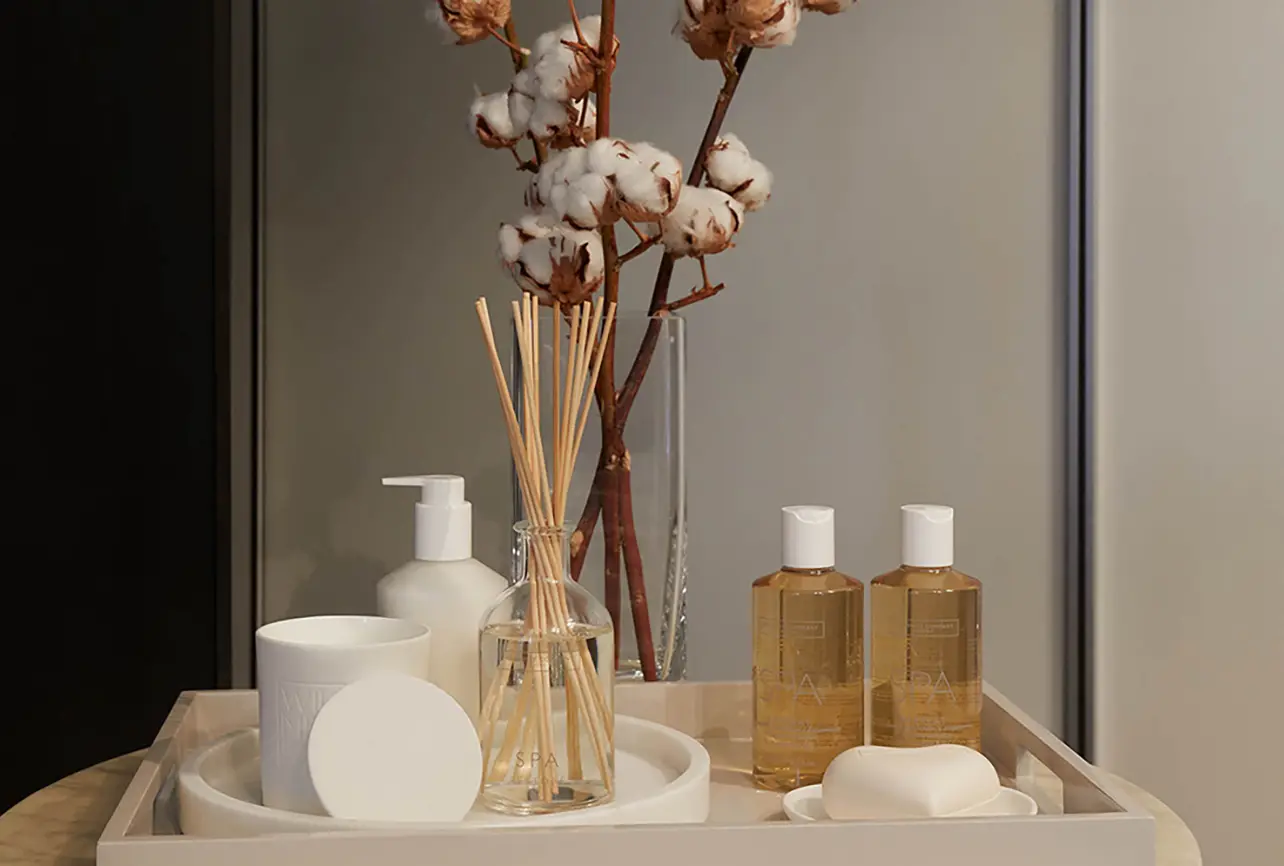 luxury apartment interior design bathroom spa toiletries tray london
