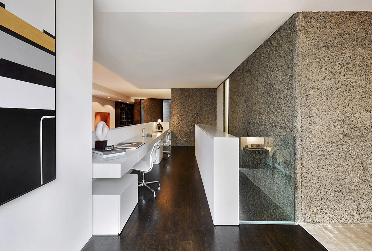 luxury flat interior design home office desk nook concrete wall london