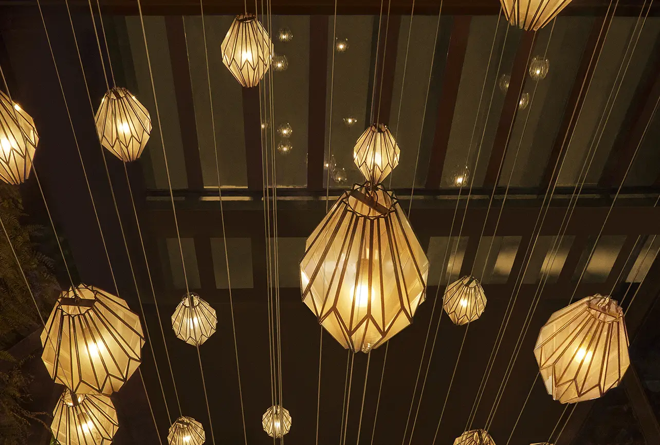 restaurant ceiling interior design london hanging lantern lights night