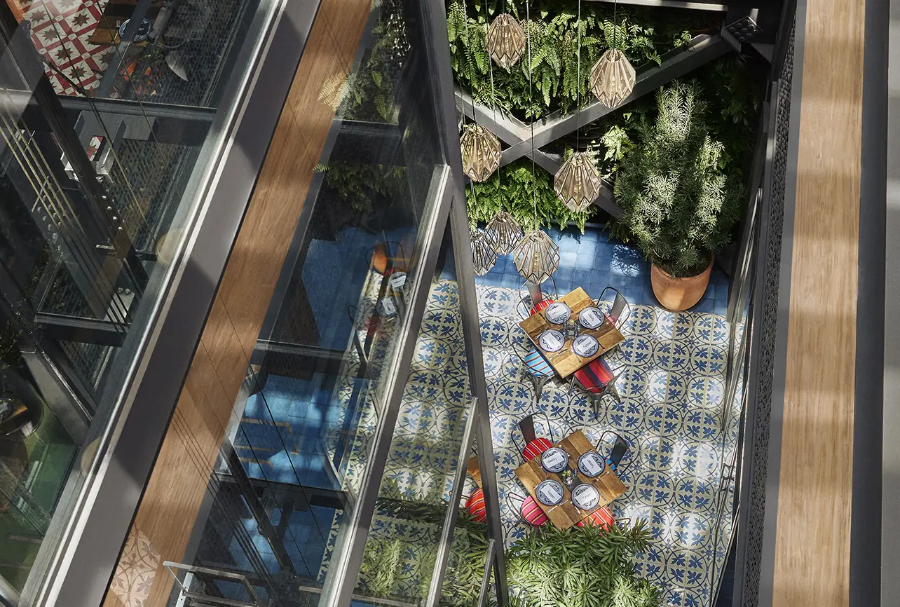 restaurant courtyard interior design london overhead view hanging plants