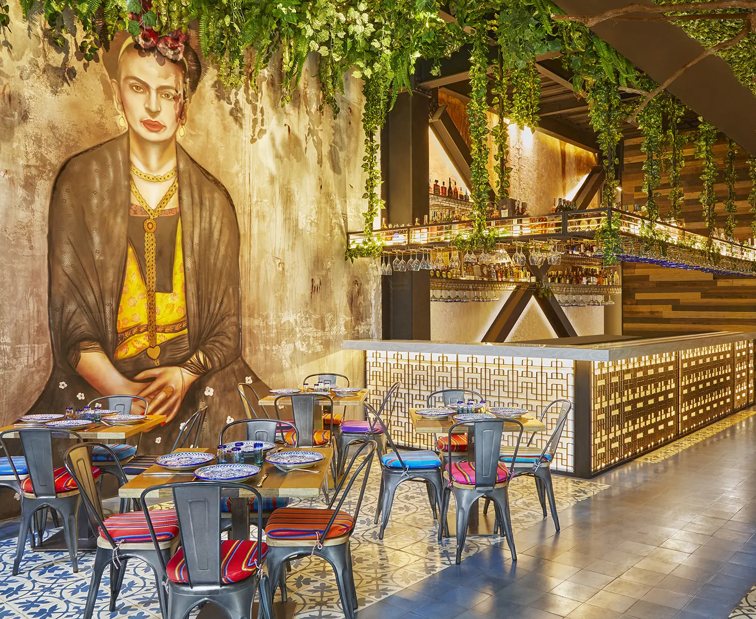 restaurant dining room interior design london frida kahlo mural bar area